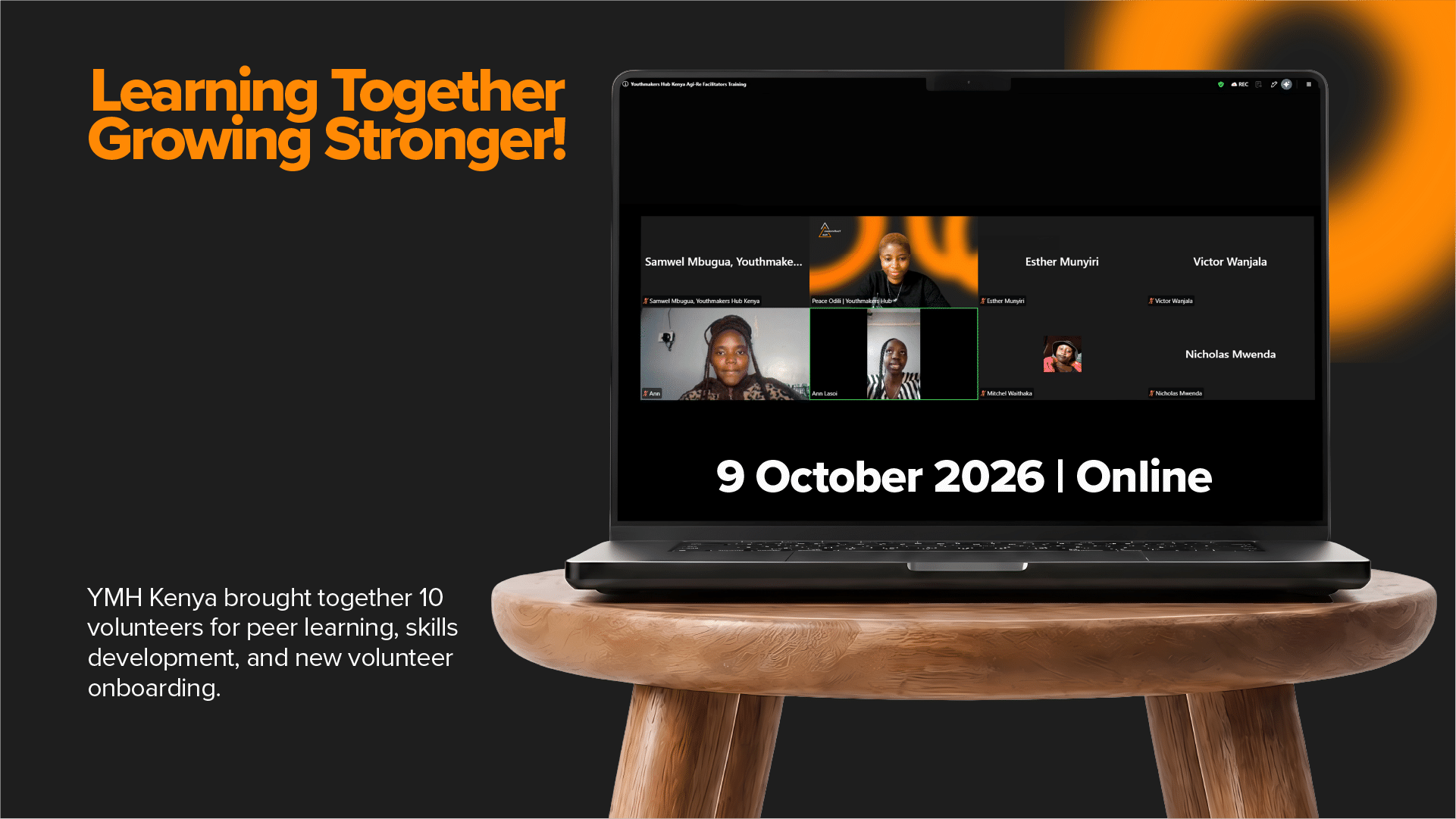 Visual including a laptop device and a screenshot from a Youthmakers Hub Training, happened online on 9 October 2026.