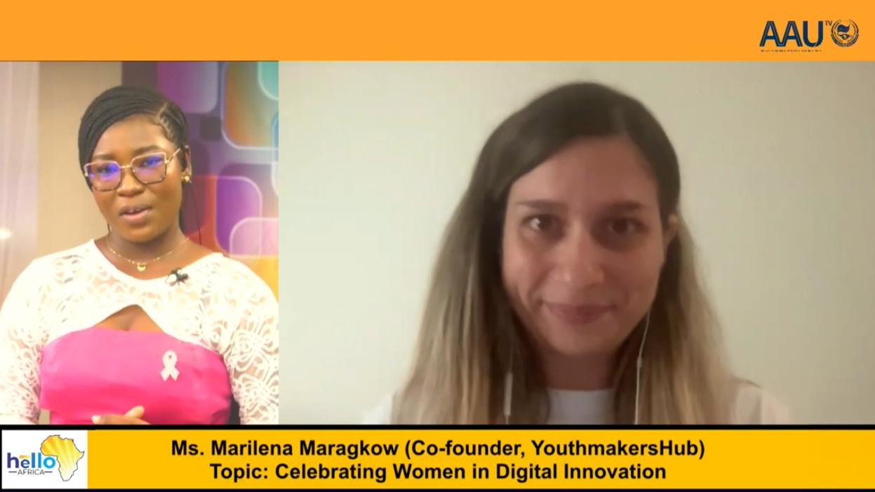 Split-screen interview on Hello Africa featuring Marilena Maragkou discussing women in digital innovation.