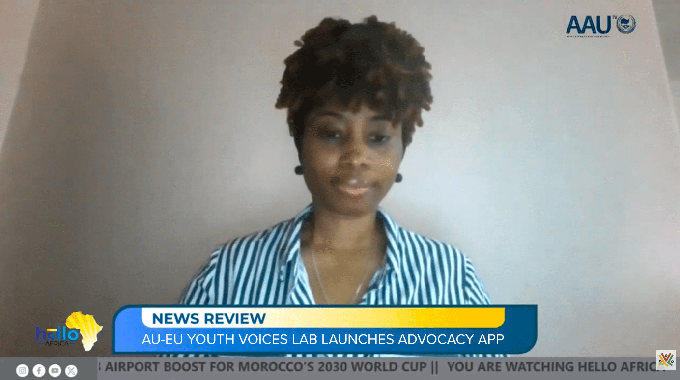 Speaker appearing on Hello Africa news segment discussing the launch of the AU-EU Youth Voices Lab advocacy app.