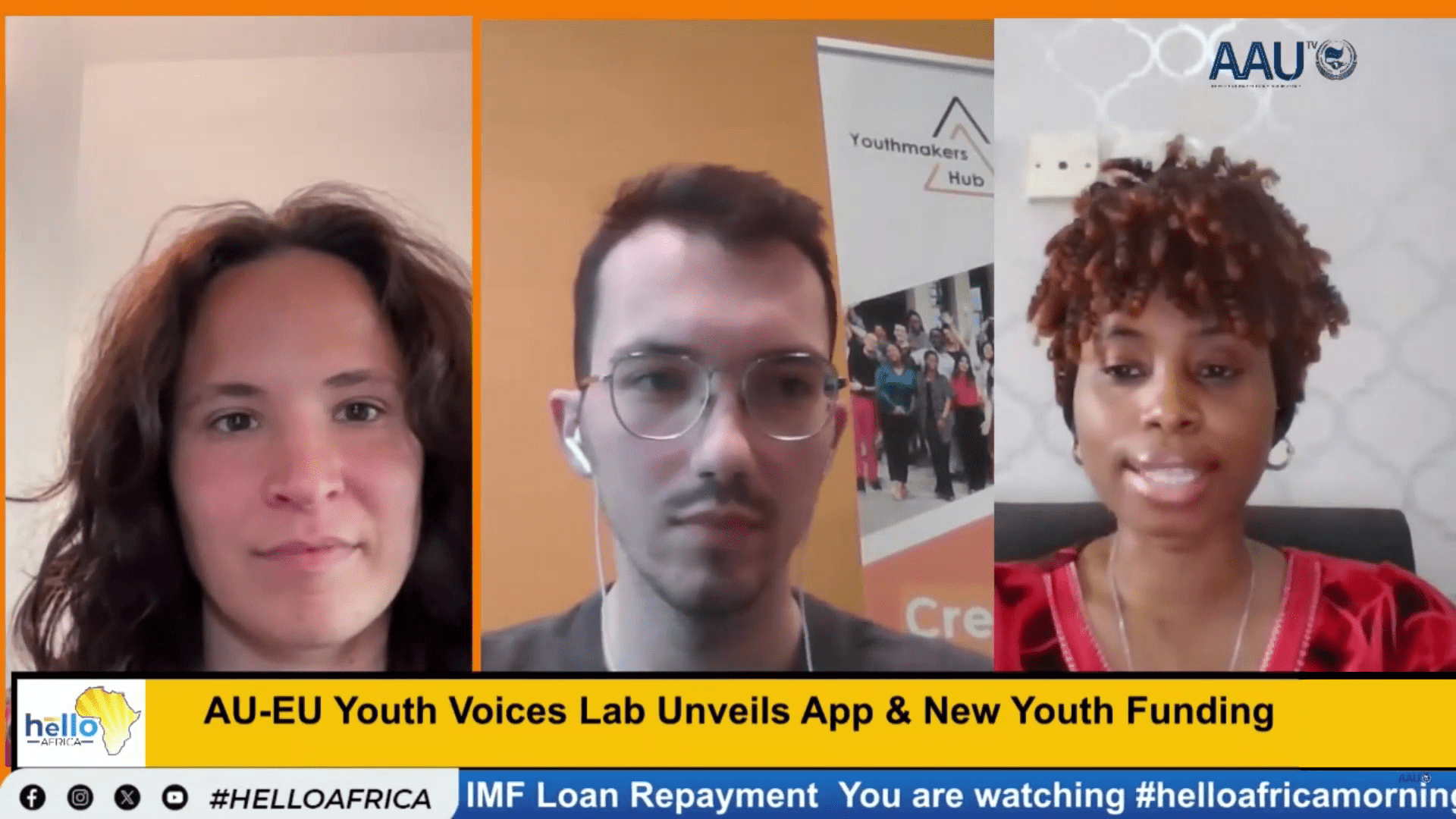 Split-screen interview on Hello Africa featuring three speakers discussing the AU-EU Youth Voices Lab app and youth funding opportunities.