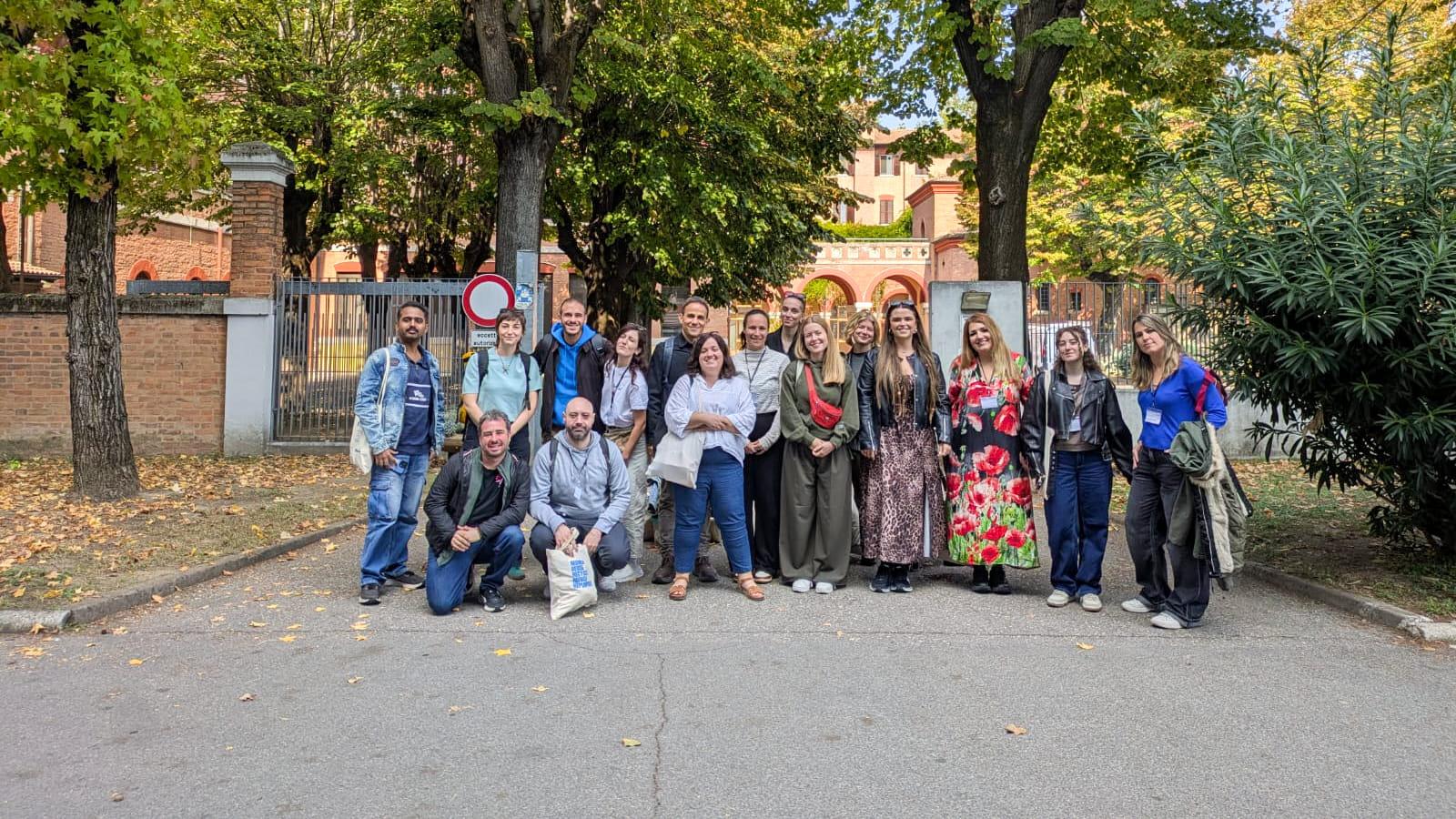 Outdoors group photo of participants during the Europe in Practice event in Bologna.