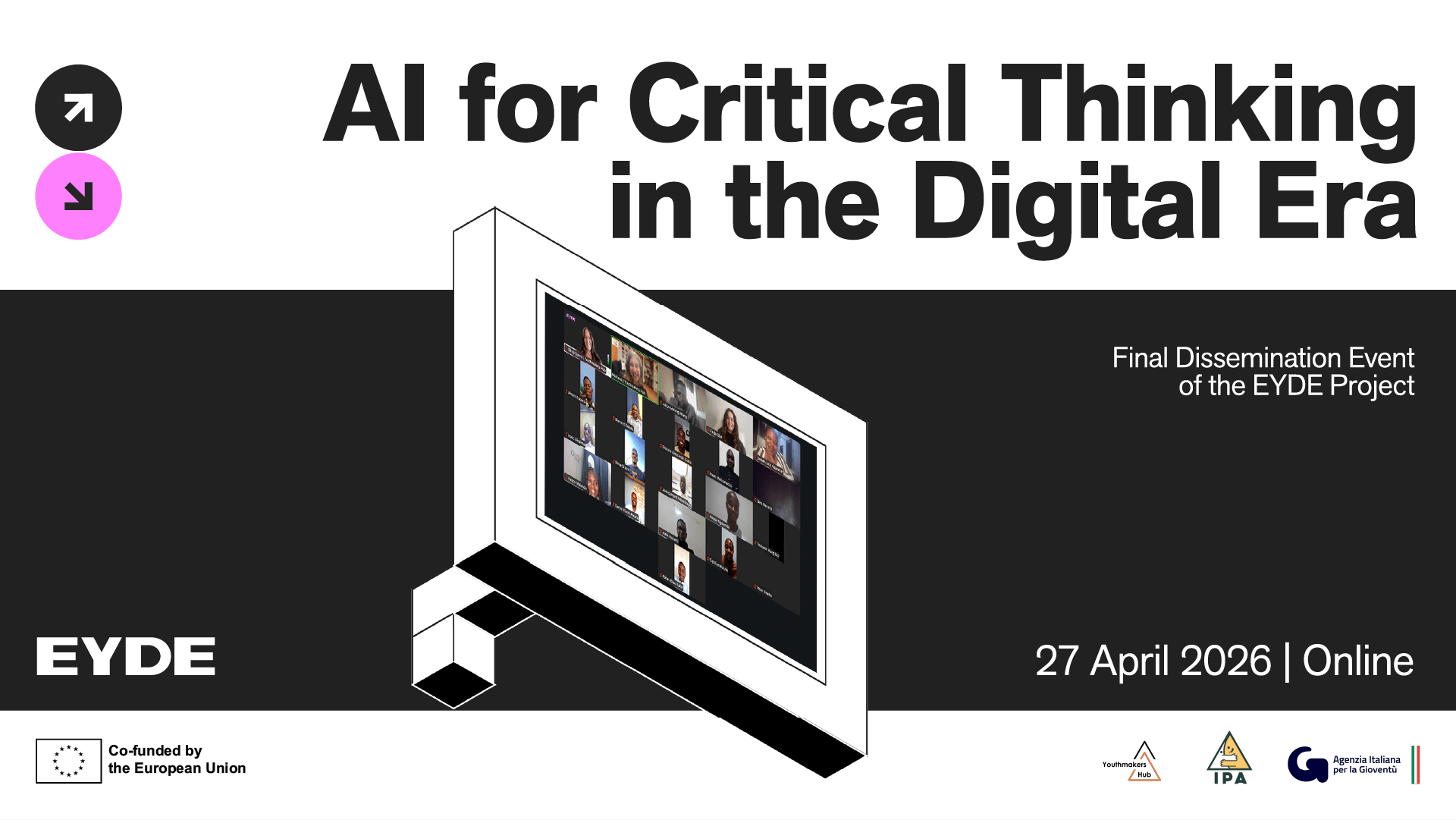 Cover for the online event 'AI for Critical Thinking in the Digital Era”, held on 27 April 2026. The design includes a digital meeting screen illustration and partner/EU co-funded logos.