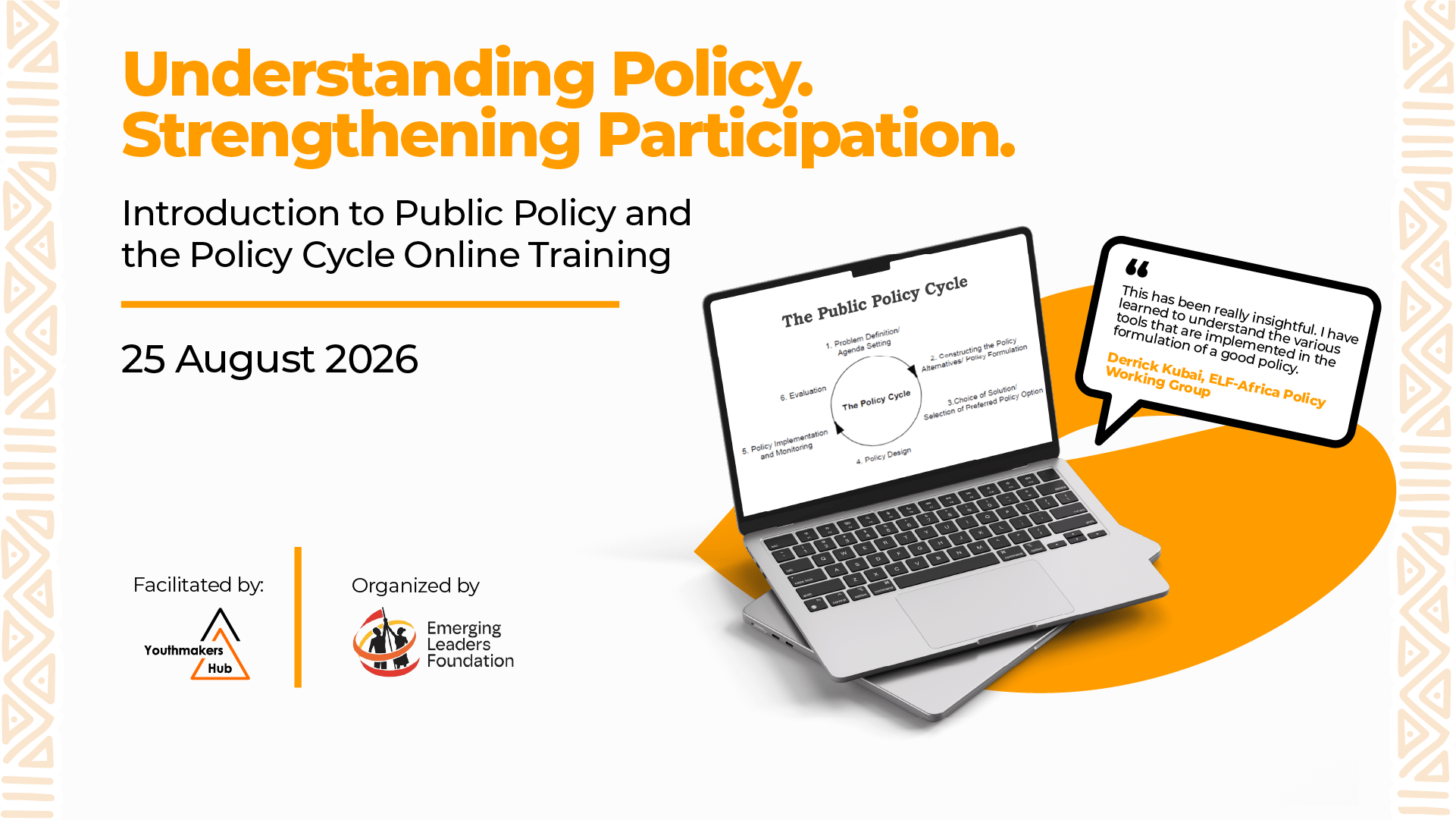 Visual disseminating the online training “Introduction to Public Policy and the Policy Cycle” organized by ELF Africa. Laptop device displayed on the screen with a participant quote.