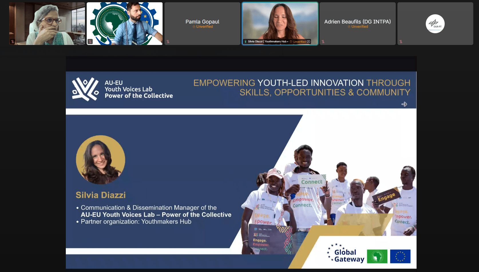 A virtual conference slide features a woman and a group of youth holding signs, promoting youth-led innovation through skills, opportunities, and community. Logos of participating organizations are visible.