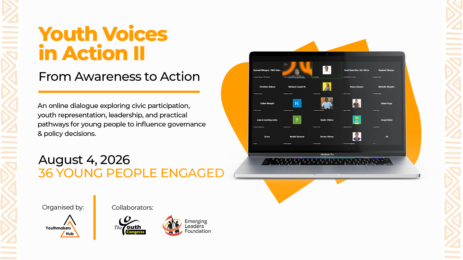Promotional graphic for “Youth Voices in Action II,” an online dialogue on civic participation and youth leadership held on August 4, 2026, engaging 36 young people.