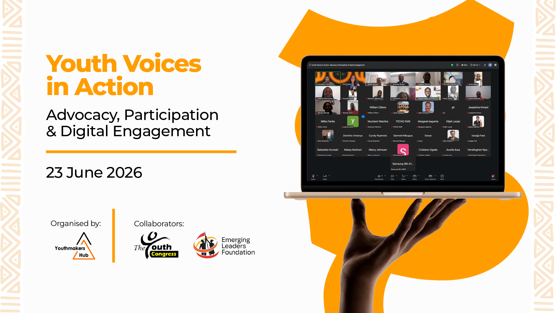 Graphic for “Youth Voices in Action: Advocacy, Participation & Digital Engagement,” held on 23 June 2026, featuring a laptop with an online meeting on screen and the logos of Youthmakers Hub, The Youth Congress, and Emerging Leaders Foundation.